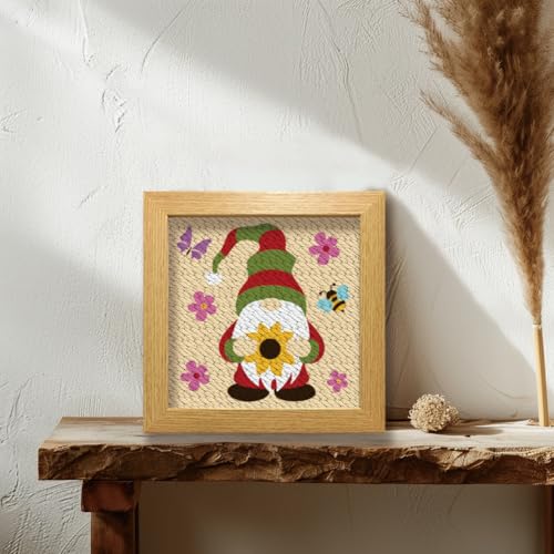 Image of BEUNITONE 2 Sets Gnome Punch Needle Kits Flower Beginner Punch Embroidery Kits Stitching Kit for Wall Hanging 9.4'' x 9.4'' Embroidery Starter Kits with Instructions for Adults Craft DIY Birthday