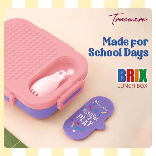 Image of Trueware BRIX Fun Food and Play 304 Stainless Steel PU Insulated Lunch Box with Two Compartment BPA Free, Food Grade Ideal for School, Picnic, Office & Outdoor - 540ml (Pink)