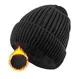 ehsbuy Beanie Hat Men Fleece Lined Stretchy Winter Hats Soft Cuffed Warm Wooly Hat Thermal Beanie Skull Cap Gifts for Men Women Black