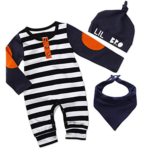 Baby Boy Little Brother Clothes Newborn Long Sleeve Romper Jumpsuit Hat Bibs Coming Home Outfit?Stripe, 3-6 Months