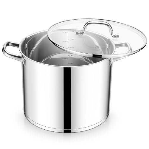 Comparison: Best 14 Quart Stock Pot 9 E-far 14 Quart Stainless Steel Stock Pot, Heavy Duty Induction Stockpot with Glass Lid for Cooking Soup Canning, Thick Tri-Ply Bottom & Riveted Handles, Compatible with All Stoves, Dishwasher Safe