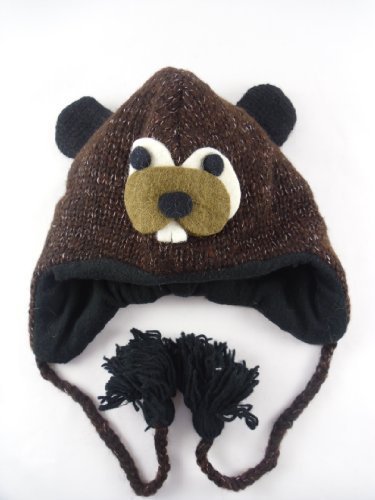 Nepal Animal Hat 100% Wool Hand Made Adult Size -Beaver Brown