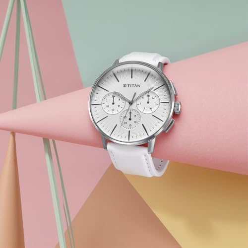 Titan Light Leathers Silver Dial Leather Strap Watch White - Image 3