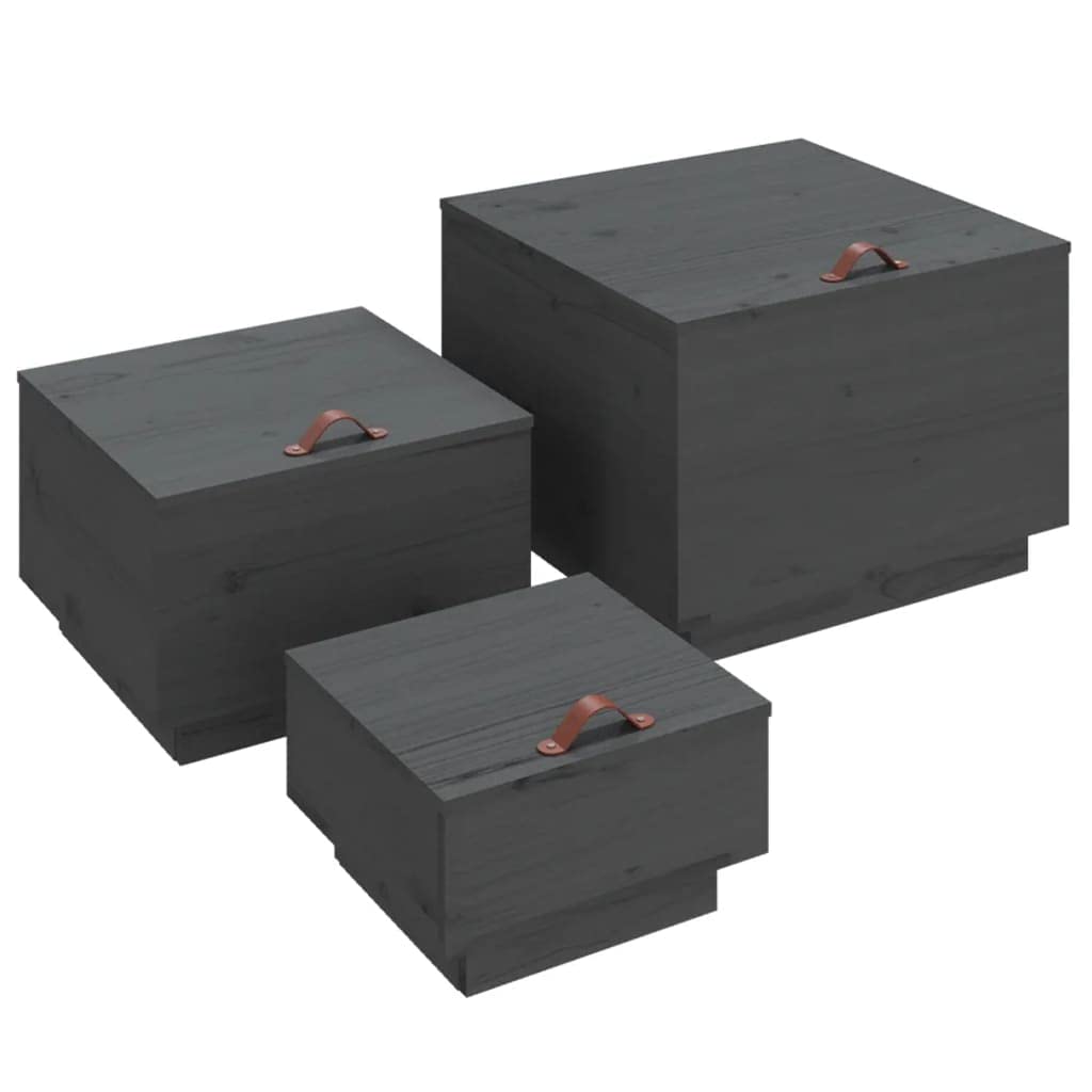 3er Set Aufbewahrungsboxen mit Deckel aus massivem Kiefernholz, Holzkisten Set in Grau, Allzweckkiste Holzboxen für Wohnzimmer und Flur, Beistelltisch Truhe