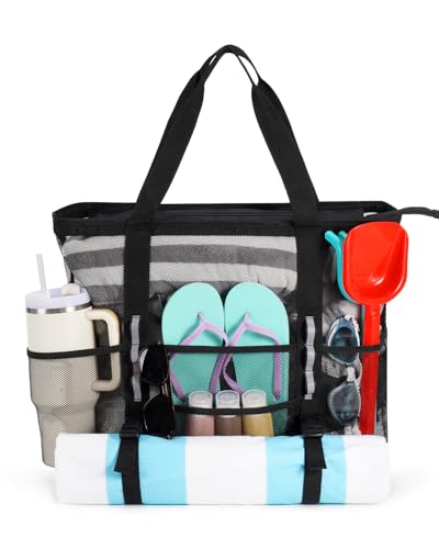 WANDF Mesh Beach Bag for Women, Family Pool Bags for Cruise (XL Black)