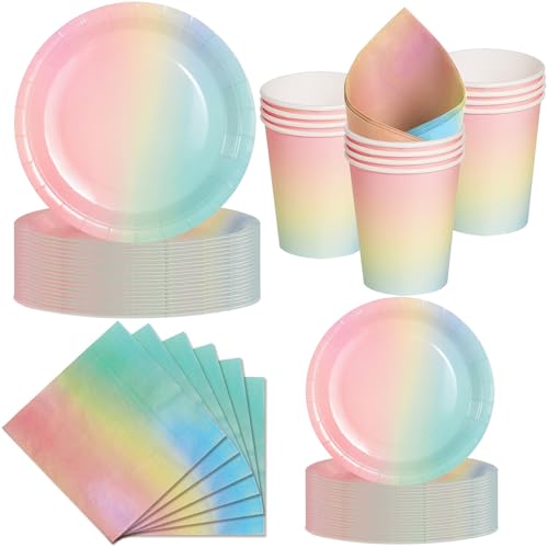 Nkaiso Platos y Vasos Desechables, 50 Piezas Arcoíris Vajilla de Fiesta, 10x 23cm & 10 x 18cm Platos de Carton, 10 Vasos, 20 Servilletas - Para Cumpleaños Infantiles, Fiestas Carnaval -10 Invitados