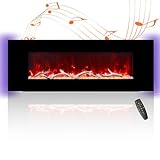 50 Inch Electric Fireplace with Music Speakers Wall Mounted Low Noise Ultra-Thin Linear Fireplace Adjustable 8 Flame Colors, Control by Button and Remote, 8h Timer (No-Recessed)