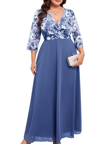 Image of ZOMVA Plus Size Maxi Formal Dress Lace Chiffon Floral V-Neck Wrap Wedding Guest Evening Gown Cocktail Prom 3 /4 Sleeves