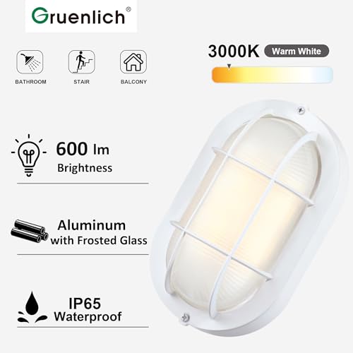 Image of GRUENLICH Outdoor Bulkhead Light, LED Oval Wall Sconce, Rustproof, White | 8.5 inch Dimmable Wall Light for Porch, Garage, Walkway, Nautical, 6W 600 Lumen, Aluminum, Glass, Waterproof, 3000K, 1 Pack