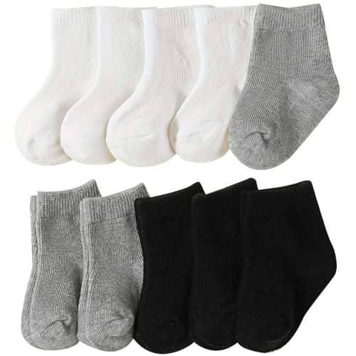 QIYIENDIAN 10 pares de calcetines de algodón elástico para bebés de colores sólidos para bebés y niños unisex(BlackWhiteGrey,6-12M)