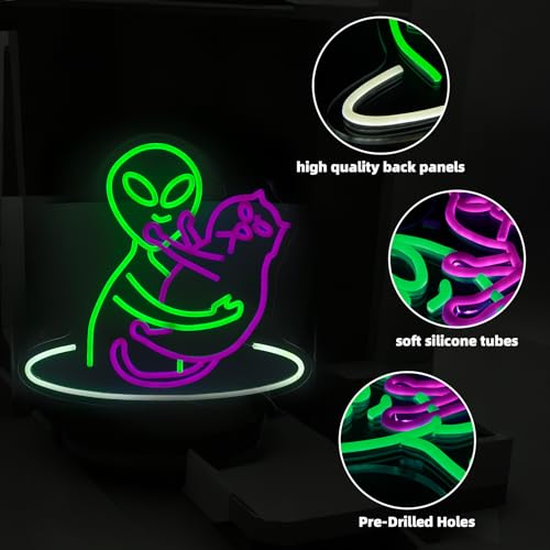 Image of Alien Cat Neon Sign,Funny Green Aliens Purple Cute Cat LED Light Sign Wall Decor For Game Room Bedroom Party Man Cave Club,Birthday Gifts For Women,Men,Boys,Girls(Alien Cat)