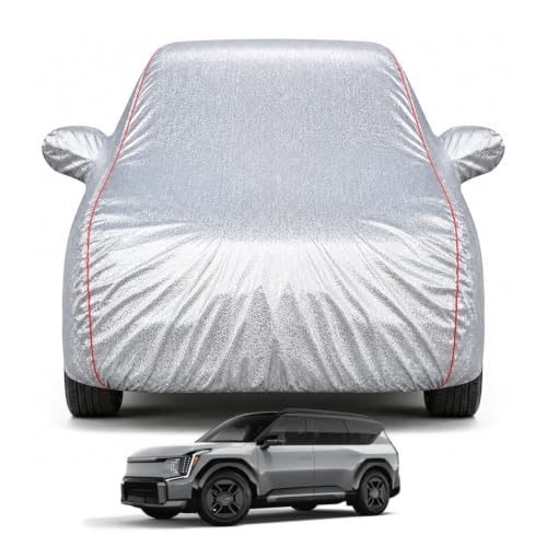 Image of Premium Car Cover for Kia EV9 2024-2026 Models | Waterproof, UV & Dust Protection | Mirror & Antenna Pocket | Triple Stitched, Soft Inner Lining, Belt & Buckle (Metalic Silver)