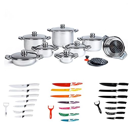 A.M.C. Set batteria di pentole e tegami in acciaio inox 18/10, tradizionale e induzione kit 18 pz con omaggio set coltelli in ceramica antibatterici da 8 pz, fondo con triplo strato incapsulato