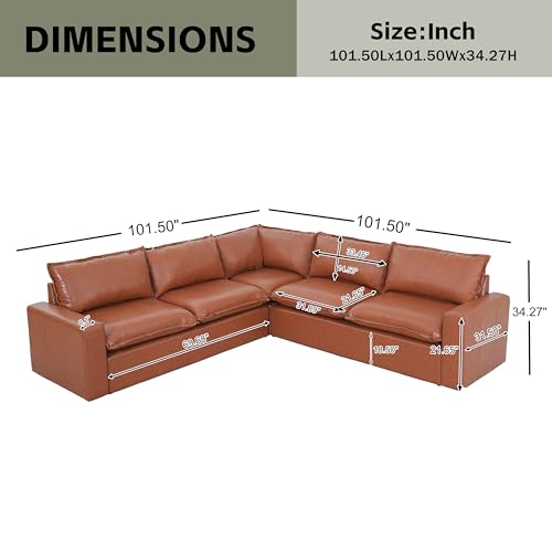 Image of Merax 101.5 inch L Shaped Sectional Leather Couch with Wide Armrests & Deep Seats, Oversized 5-Seater Modern Brown Faux Leather Sofa with Removable Cushion Back for Living Room or Corner Space