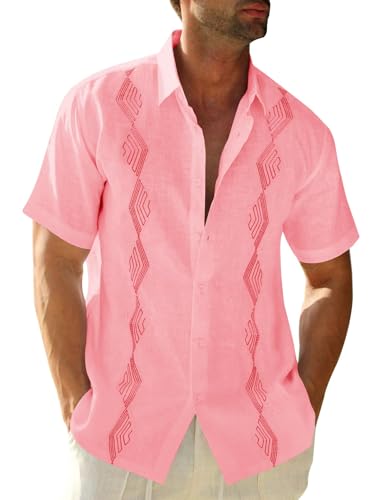 Runcati Camisa de hombre de manga corta de verano Guayabera mexicana Camisas de vacaciones de playa Camisa de lino con patrón, Rosa., L