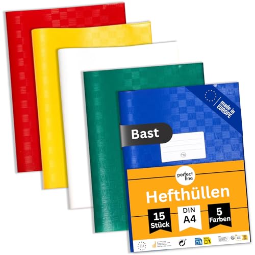 perfect line - 15 Bast-Hefthüllen DIN-A4, 5 Farben, Heftumschlag mit Beschriftungsetikett, Heftschoner aus recyclebarem PP, dokumentenecht