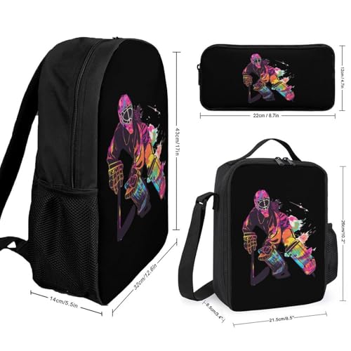 Ice Hockey Goalie Girl Watercolor 3PCS Backpack Set 17 Inch Laptop Daypack with Lunch Bag And Pencil Case2