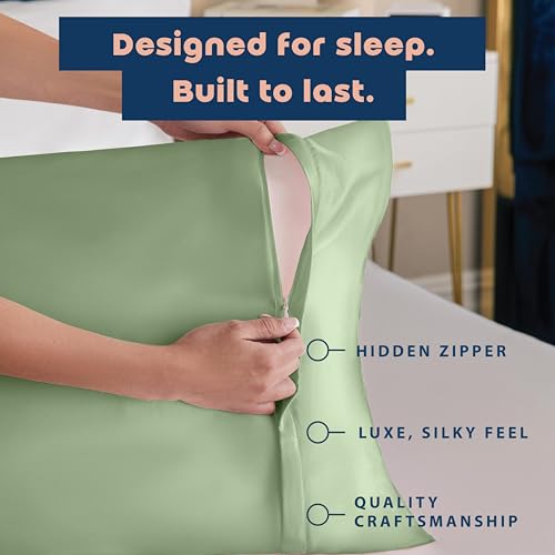 Image of BLISSFORD Satin Pillowcase with Zipper, for Hair and Skin Care, Feels Soft and Cool Like a Silk Pillowcase, Satin Pillow Cases 2 Pack, Slik Pillow Cover, Sage Green - Queen Size - Set of 2