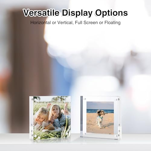 Image of HOUSE DAY Acrylic Picture Frames 4x4, 2 Pack Magnetic 4 x 4 Picture Frame, Double Sided Clear 4x 4 Photo Frame with Microfiber Cloth, Frameless FreeStanding 4x4 Frame Gift for Desktop Display