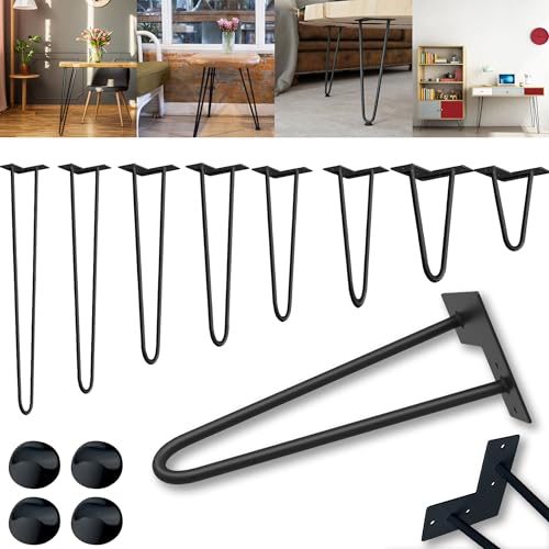 XMTECH 4er Set Hairpin Legs Tischbeine 15cm mit 2-Stange Bein Schwarz, Haarnadel Möbelfüße mit Bodenschoner und Schrauben, DIY Tischkufen Haarnadelbeine