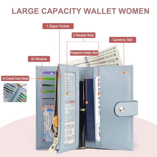 Image of yiijay Womens Wallet RFID Blocking Vegan Leather Trifold Clutch Credit Card Holder Ladies Travel Wallet Purse with Pen Holder, 1 U Blue, 6.3 x 4.1 x 1.3 inches, Rfid Wallet