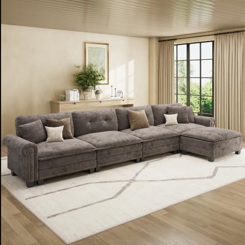 Image of HERA'S HOUSE 150 inch Oversized L Shaped Modular Sectional Couch Living Room | Mid-Century Modern 5-Seater Cloud Sofa, Grayish Brown, Rolled Arms & Nailhead Trim, Wider & Deeper Seats, Ottoman, Chenille
