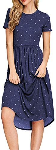 YUNDAI Women Long Sleeve Pleated Polka Dot Pocket Loose Swing Casual Midi Dress Medium, Navy