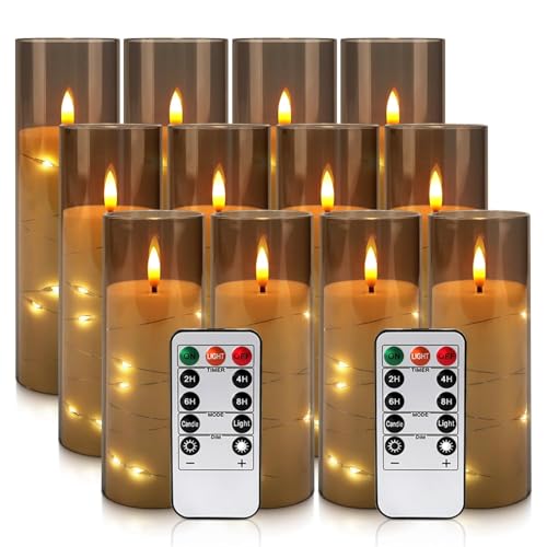 Image of 12-Pack Gray Acrylic Flameless LED Candles with Embedded String Lights - Remote Control for Holiday & Home Decor,Wedding.