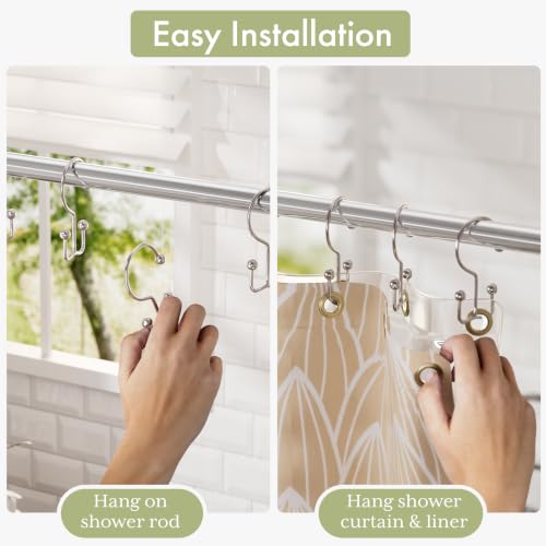 Image of Amazer Shower Curtain Hooks Rings, Double Shower Curtain Hooks Rust Proof Stainless Steel Shower Curain Hangers 12Pcs, Polished Nickel Shower Hooks for Bathroom Shower Curtain Rod
