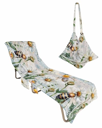 Bee Flower Beach Chair Towel Covers for Chaise Lounge With Side Pocket, Soft Plush Pool Towels Cover for Patio Sunbathing Outdoor 29''x85'' Farmhouse Blue Floral Spring Summer Wood