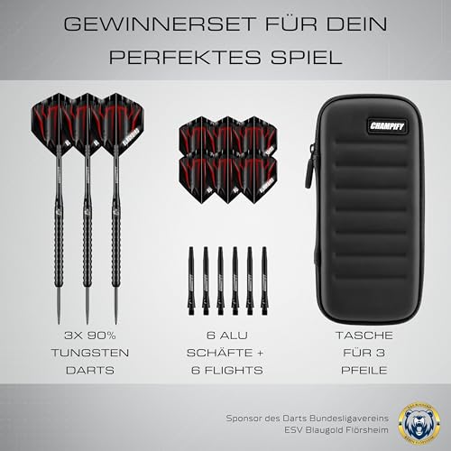 Champify NEU 90% Tungsten Darts Set “Blackbird” mit 23g Barrel und schwarzer Darttasche | 3 Steeldarts mit 9 Alu-Schäften & 9 Flights| Dart Set mit Zubehör | Dartpfeile mit Metallspitze