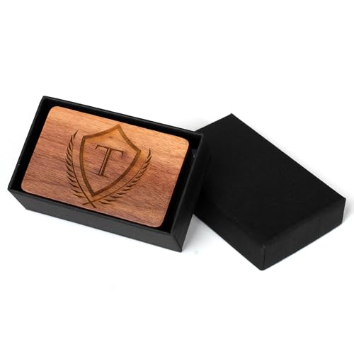 Image of Mens Initial Cufflinks and Tie Clip A-Z Alphabet Letter Black Stainless Cuff Links Tie Bar with Engraved Walnut Wood Box Groom Groomsman Wedding Set