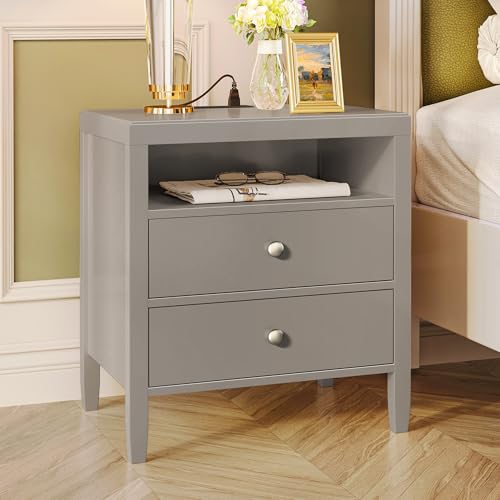 Image of Huuger Grey Nightstand Set of 2, Night Stand with Charger Station