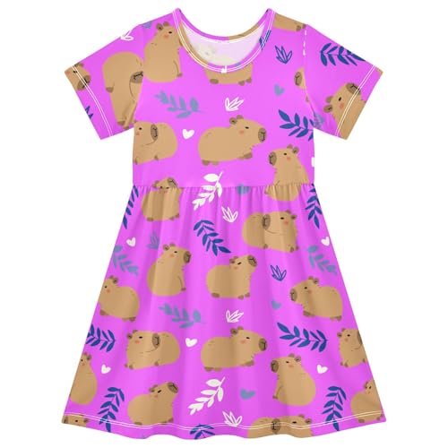 Purple Cute Capybara Toddler Dress Girls Summer Short Sleeve T-Shirt Dress Casual Outfit
