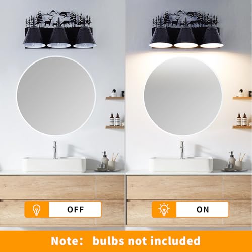 Image of Rustic 3-Light Black Vanity Light Fixtures with Deer Design, E12 Base Farmhouse Bathroom Lighting for Mirror, Cabinet, or Dressing Table (Small, Bulb Not Included)