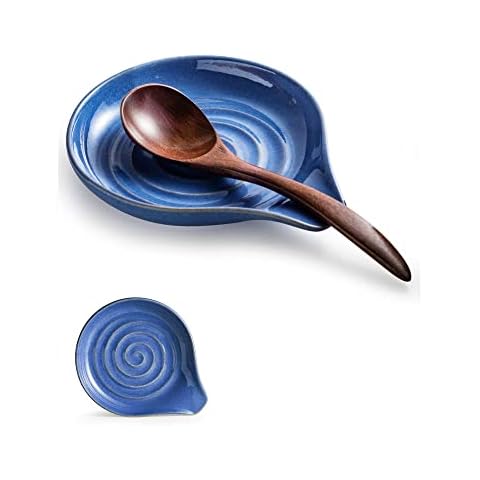 Cormomu Spoon Rest, Large Ceramic Spoon Holder for Stove Top, Heat-Resistant Cooking Spoon Rest for Kitchen Counter Decor, 5 Inches, Blue Cover