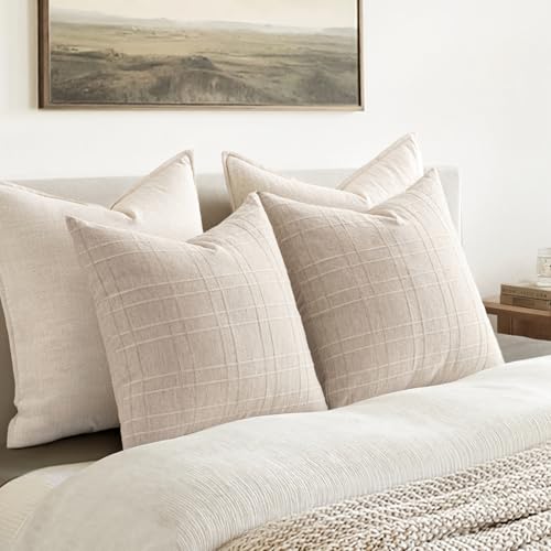 Image of MIULEE Decorative Linen Check Euro Shams Throw Pillow Covers Neutral Farmhouse Vintage Pillow Covers 26x26 Set of 2 Boho Modern Home Decor for Sofa Couch Bedroom Cushion Natural Beige