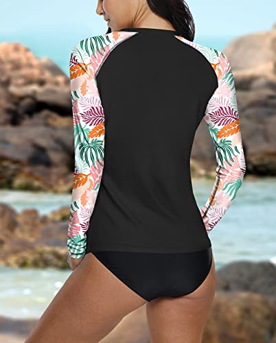 Womens Rashguard Swimwear Sun Protection Surfing Swim Shirt Long Sleeve Uv Rash Guard Shirt Black White Leaves L #TOP6