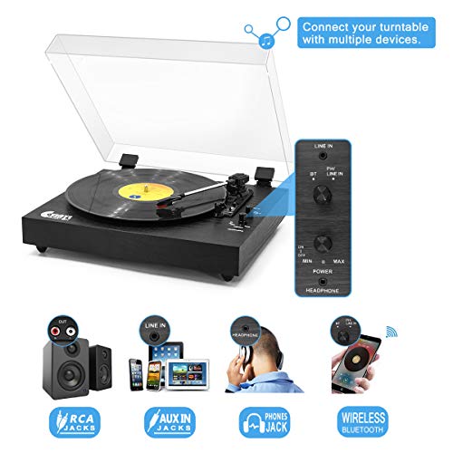 Vintage Turntable, Bluetooth Record Player, Built-In Dual Stereo Speakers, 3-Speed Belt-Drive Turntable, Record Player With Wireless Playback & Auto-Stop,Black Wood #TOP6