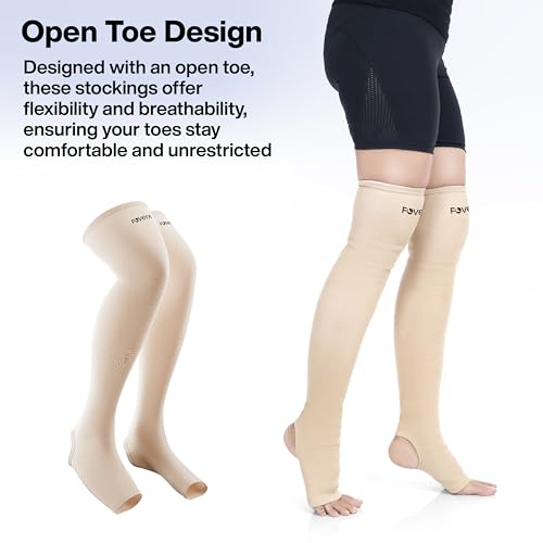 Image of FOVERA Varicose Veins Compression Stockings (Below Knee), Open Toe knee length Sleeves for Swelling, Edema, Sore & Aching Legs, Pain Relief & Post Pregnancy, for Men & Women