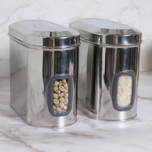 Image of Stainless Steel Kitchen Storage Containers Set of 2 | Airtight Food Canisters with Transparent Window | Multipurpose Capsule Jars for Rice, Pulses, Grains, Snacks (2000, Milliliters)