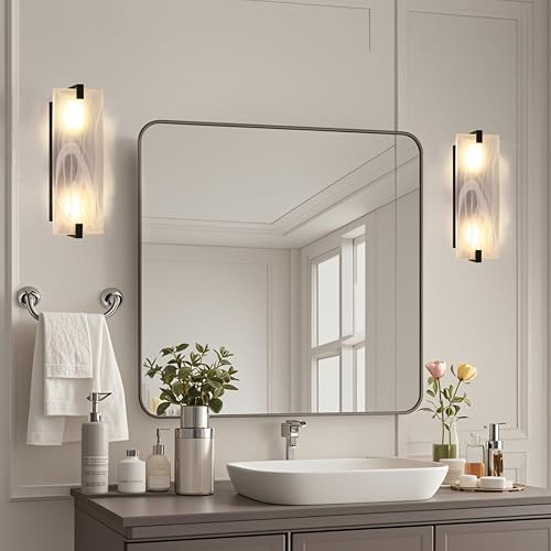 Image of 2 Pack 2 Light 15.7 inch Frosted Glass Bathroom Wall Sconce Modern Concise Style Wall Light Fixture,Black Finish for Bedroom Hallway Bedside