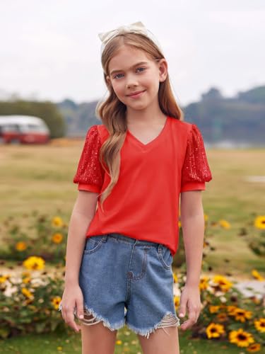 Haloumoning Girls Sequin Puff Short Sleeve Tunic Tops Kids Casual Loose V Neck Summer T Shirts Blouse 5-14 Years4