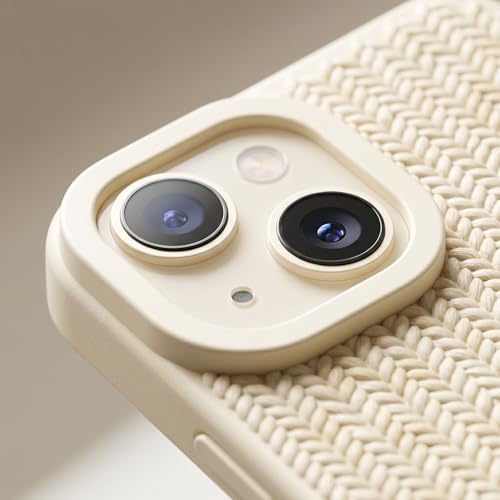 Image of amazon basics Luxury 3D Knitted Texture Soft Silicone Back Cover for iPhone 14 | Slim Fit Shockproof Case with Camera Protection & Non-Slip Grip - Cream