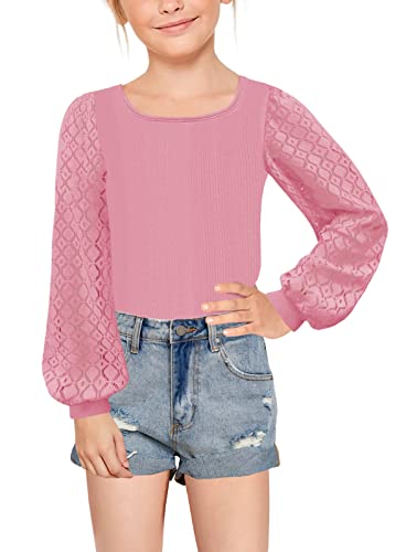 Image of Geckatte Girls Long Sleeve Shirts Square Neck Ribbed Blouse Lace Tops | Casual, Solid, Kids Cute Lace Puff Sleeve Tees, Lantern Long Sleeve, Ribbed Knit T Shirts, 5-14 Years