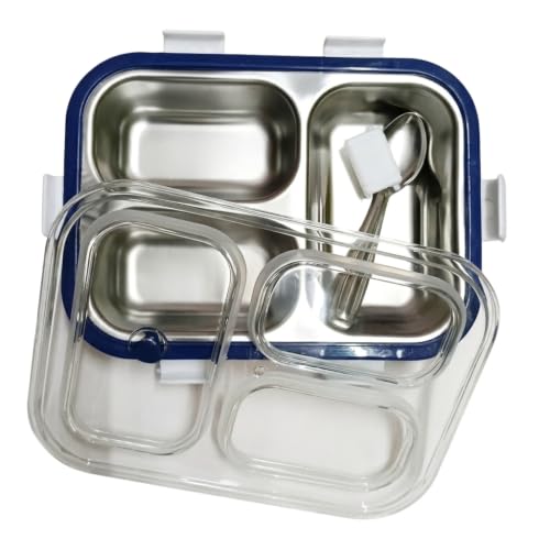Image of Premium Stainless Steel Three Compartment Lunch Box (8.75 inch x 6.75 inch) - Durable Three Partition Leak Proof Tiffin Box for Food Grade Container with 6-Side Lock Unbreakable Lid (400g)