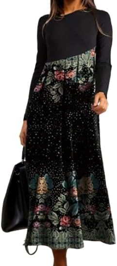 Vestido largo plisado de manga larga con cuello redondo y estampado floral para mujer, elegante, elástico, holgado, estilo bohemio, para otoño e invierno, fiesta, noche, verde, M