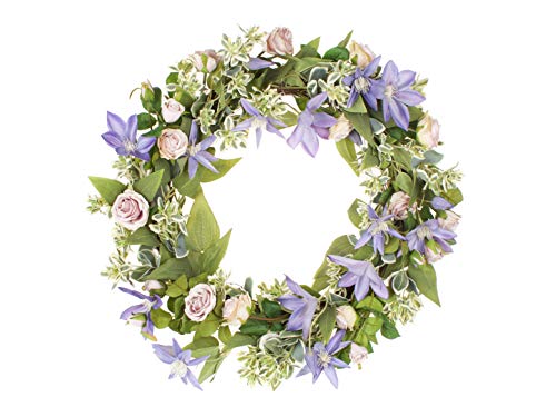 Get Cheap Price LTWHOME WHPCL 21.5 Inch Handmade Spring Summer Wreath with Clematis, Rose, Greenery for Front Door, Wall, Mantelpiece, Window Decoration
