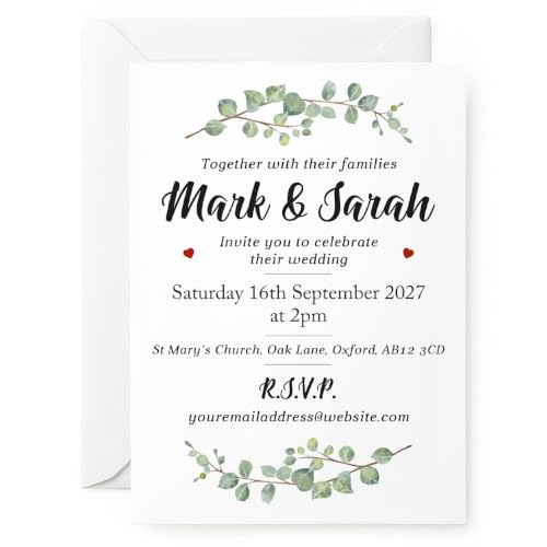Beecreative Personalised Wedding Invitation Cards With Envelope Pack of 10 50 100 - Greenery Eucalyptus Botanical Wedding Invitation - A6 Wedding Invitation Sample