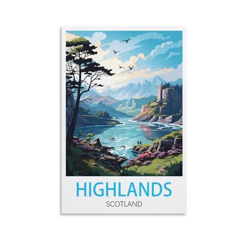 HXHNFERR Poster de voyage vintage Highlands Écosse 20 x 30 cm sur toile murale et images imprimées pour décoration de chambre à coucher